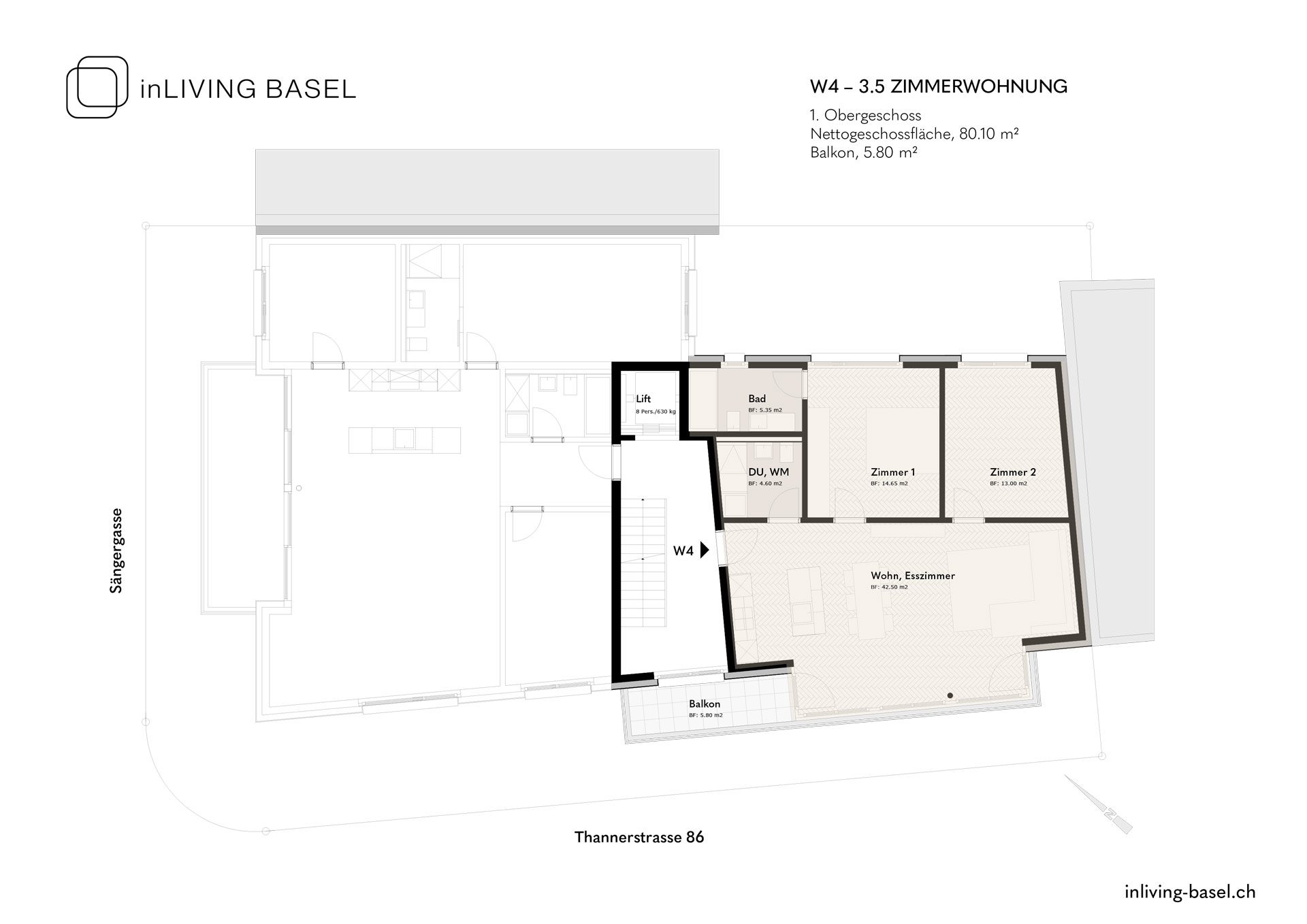 W2, 3,5 Zimmer Wohnung, 80m2, Erdgeschoss, Thannerstrase 86, Basel
